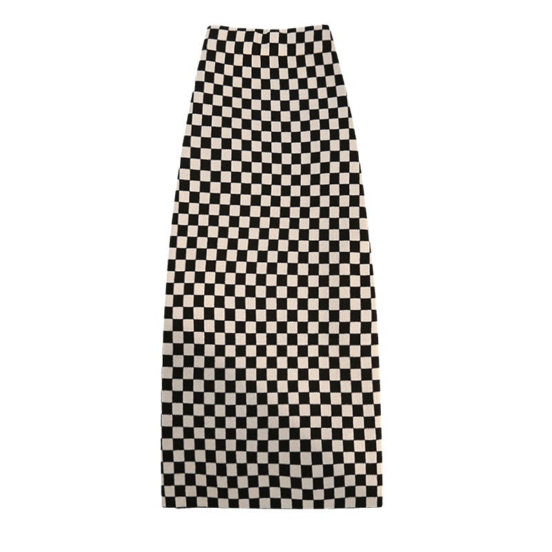 Chessboard Plaid Slim-fit Sheath A- Line Mid-length Plaid Stretch Knitted Overskirt