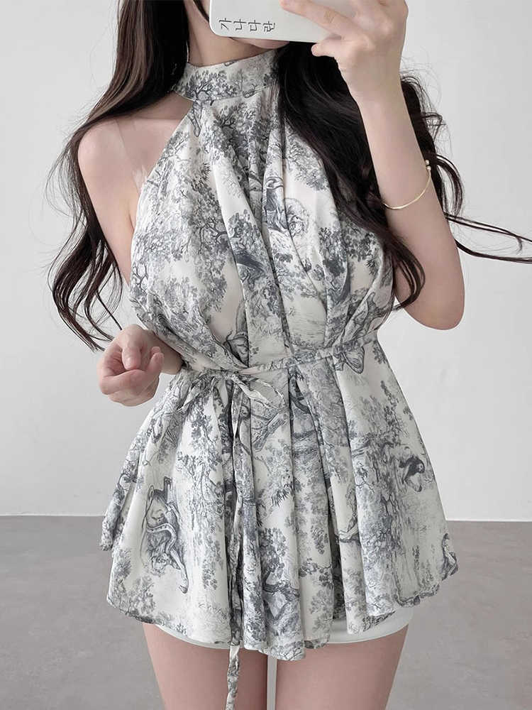 Vintage Stand Collar Ink Printing Lace-up Waist Halter Chiffon Shirt