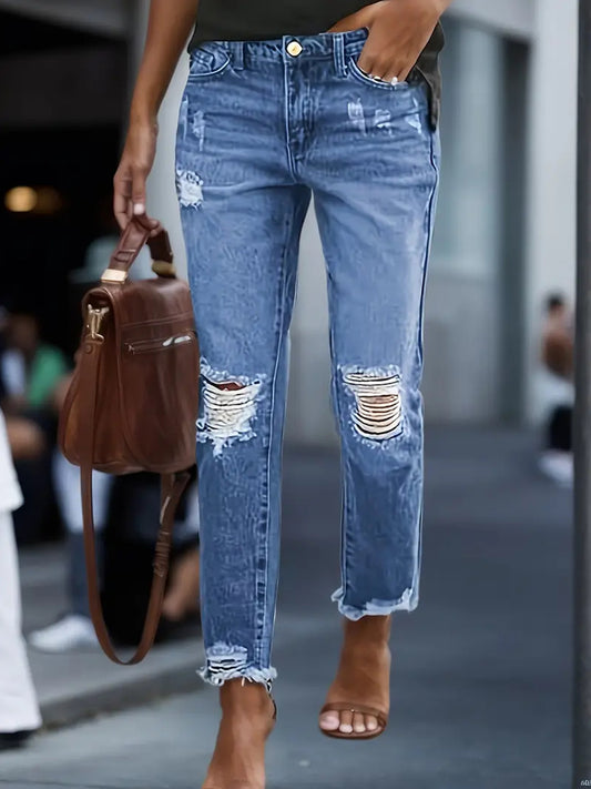 Stretchy Boyfriend Jeans For Women - Ripped, Distressed, Comfortable Denim Pants With Five-Pocket Design, Faded Wash, And Relaxed Fit Amazon Don't Sell