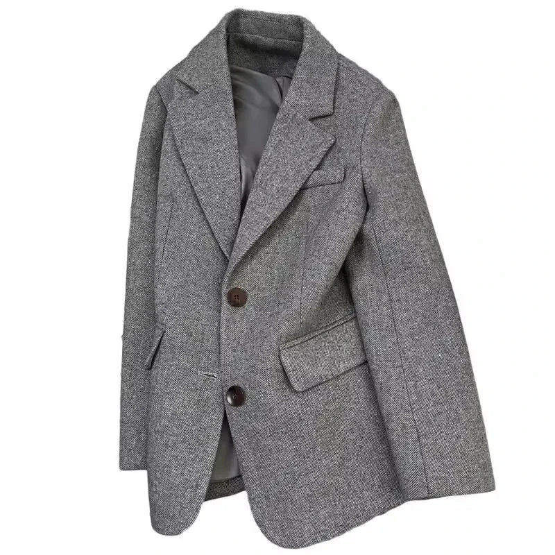 Grey Herringbone Wool Blend Suit Jacket