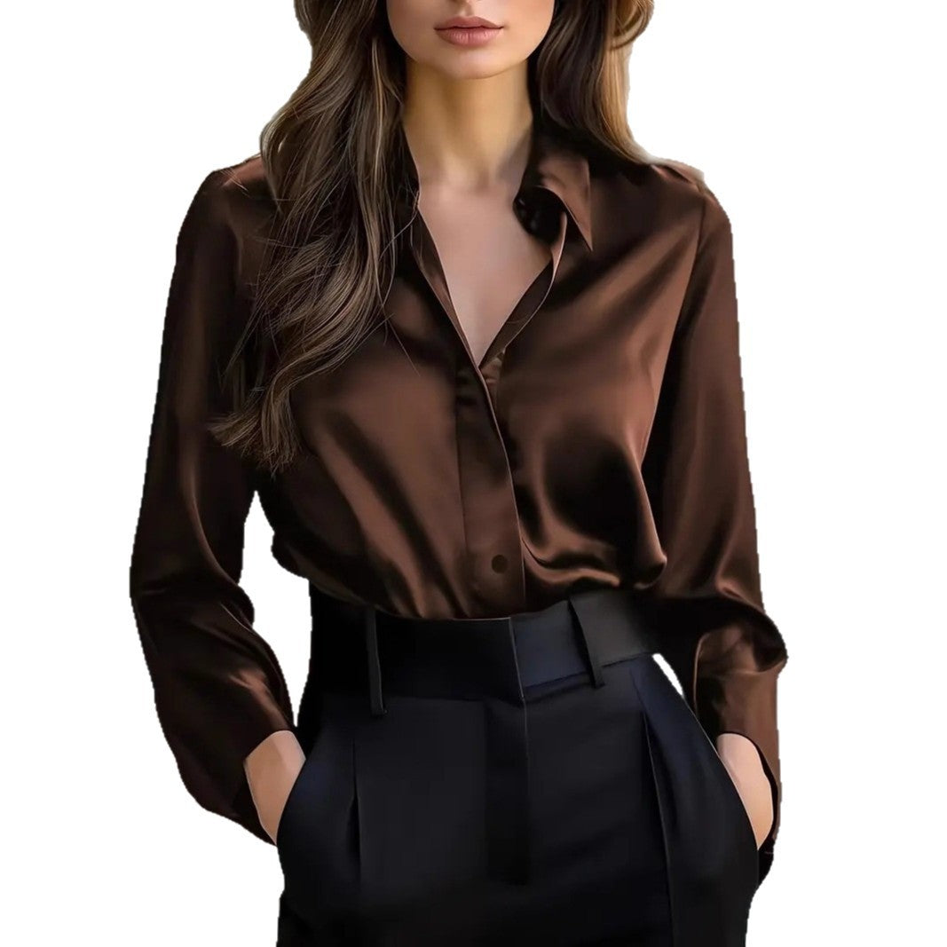 Solid Color Satin Fashion Elegant Long Sleeve Button Shirt Women's Clothing