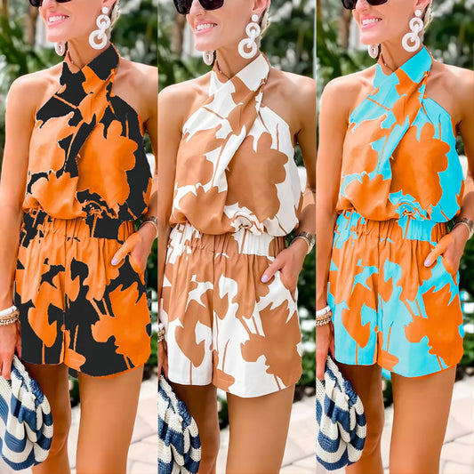 Printed Lace Up Backless Top Pocket Shorts Two-piece Suit For Women