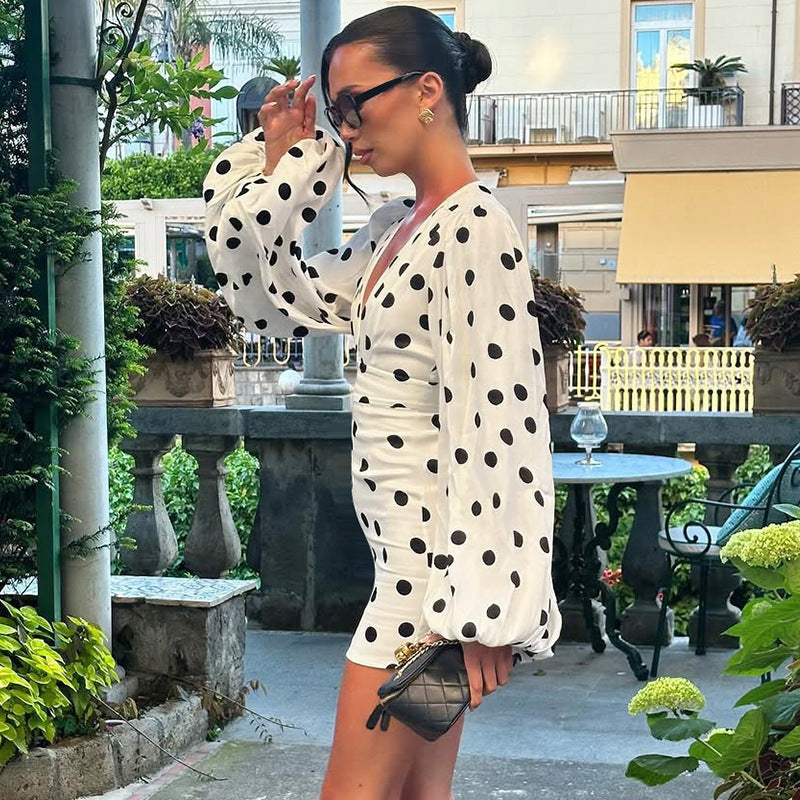 V-neck Flared-sleeve Bodycon Dress With A Polka-dot Print Specially Designed