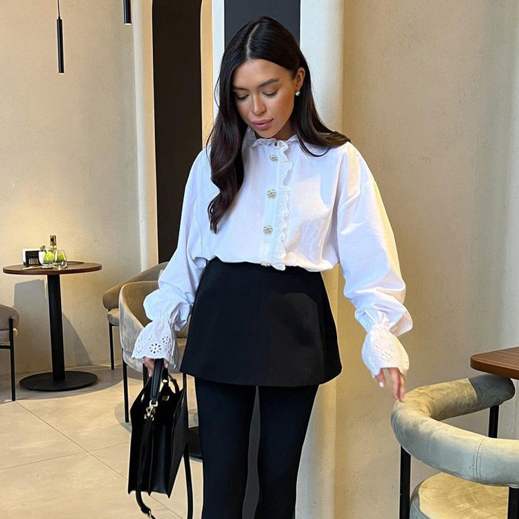 Stand Collar Diamond Lace Ruffled Shirt