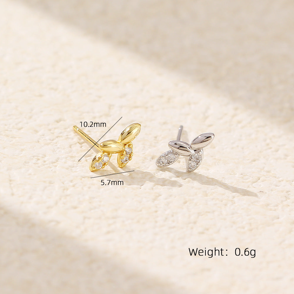 Leaf-shapepd Stud Earrings Silver Diamond Leaf Twin