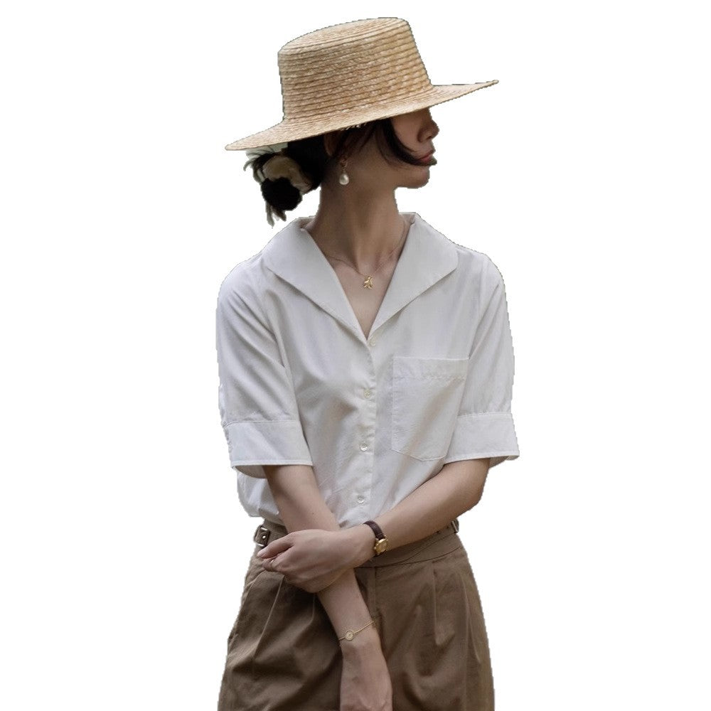 French Chic Design Niche Top Short Sleeve Navy Plain Silk