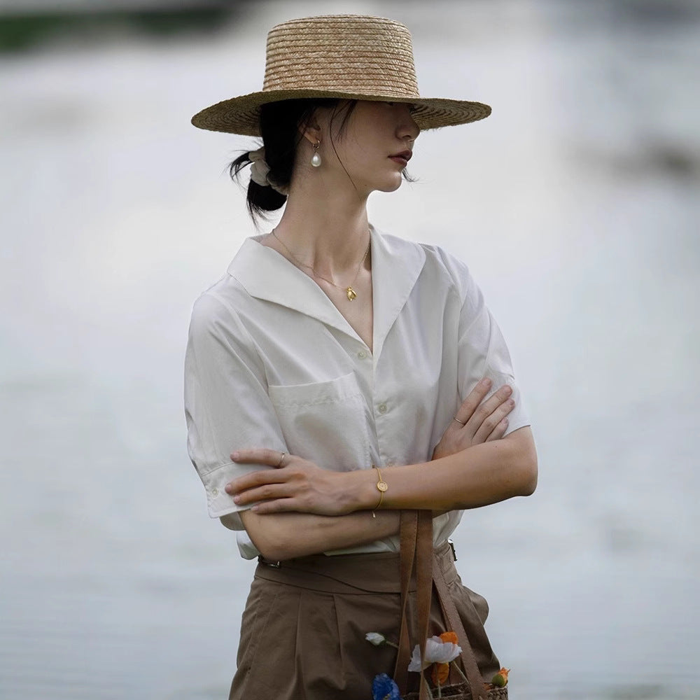 French Chic Design Niche Top Short Sleeve Navy Plain Silk