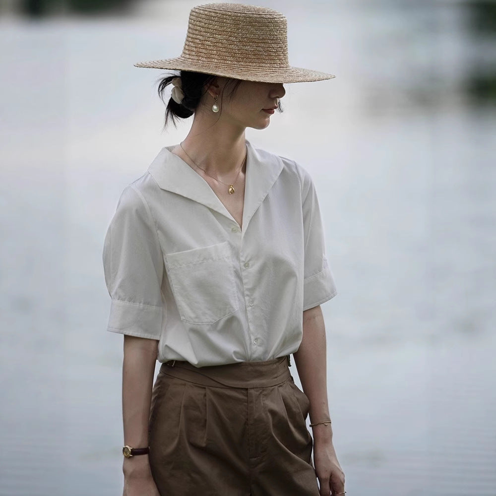 French Chic Design Niche Top Short Sleeve Navy Plain Silk