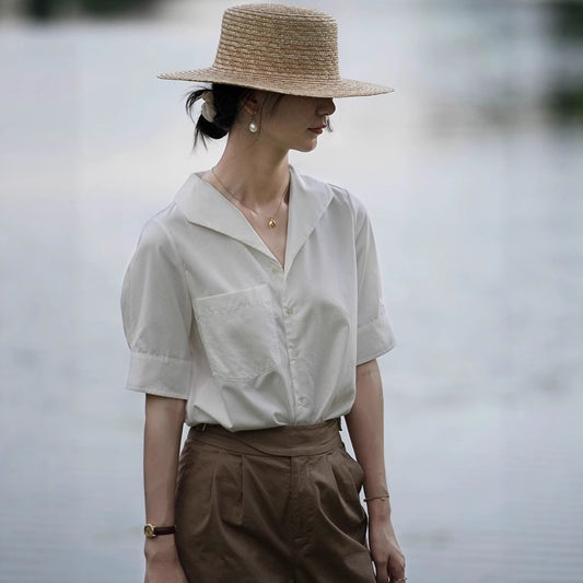 French Chic Design Niche Top Short Sleeve Navy Plain Silk