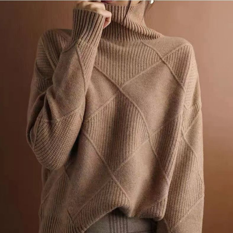 Women's Turtleneck Three-dimensional Rhombus Sweater