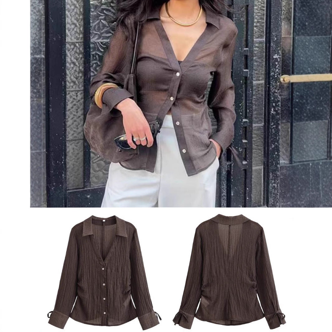 Summer New V-neck Bowknot Decoration Semi-transparent Shirt