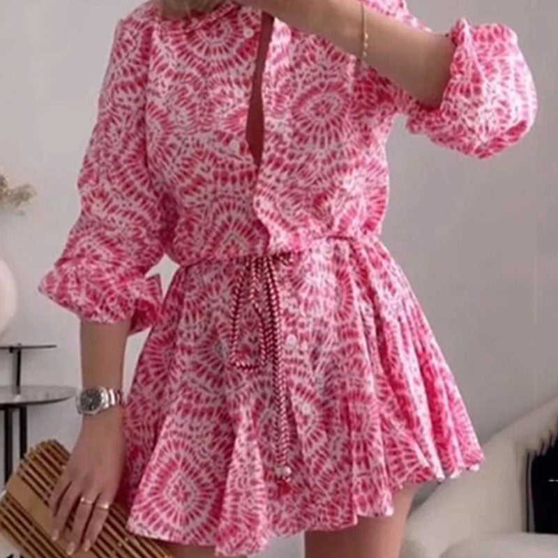 Women's Vintage Printed Frill Long Sleeve Dress