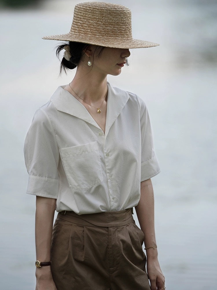 French Chic Design Niche Top Short Sleeve Navy Plain Silk