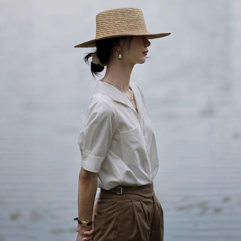 French Chic Design Niche Top Short Sleeve Navy Plain Silk