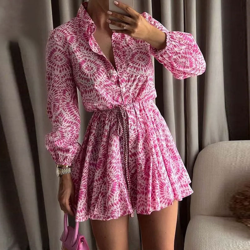 Women's Vintage Printed Frill Long Sleeve Dress