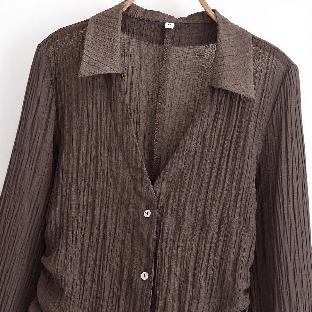 Summer New V-neck Bowknot Decoration Semi-transparent Shirt