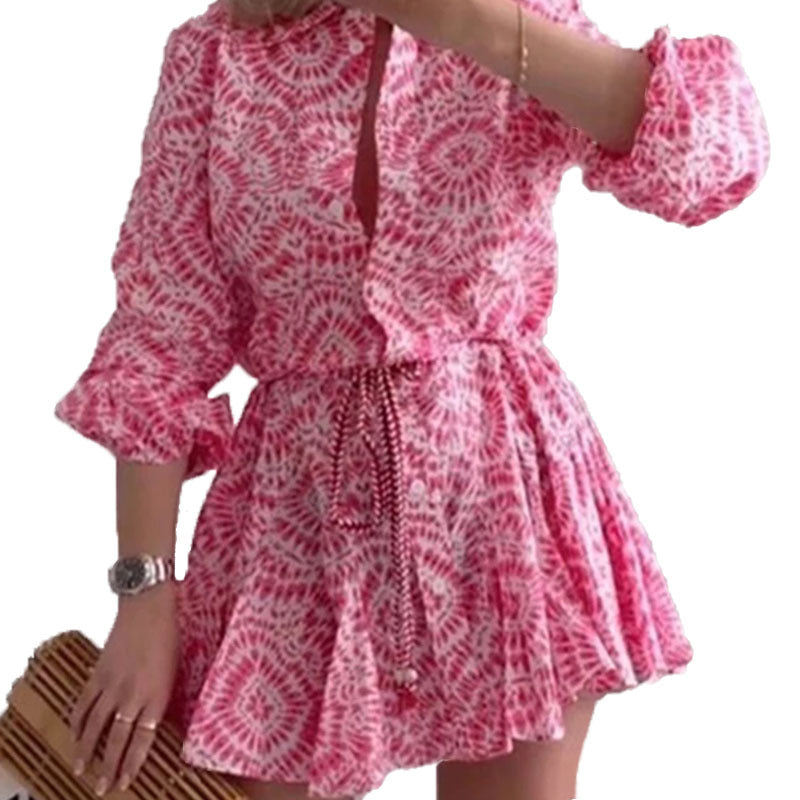 Women's Vintage Printed Frill Long Sleeve Dress