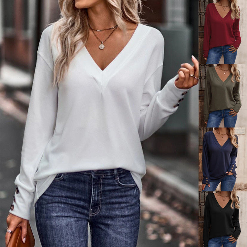 V-neck Loose Long Sleeve T-shirt Button