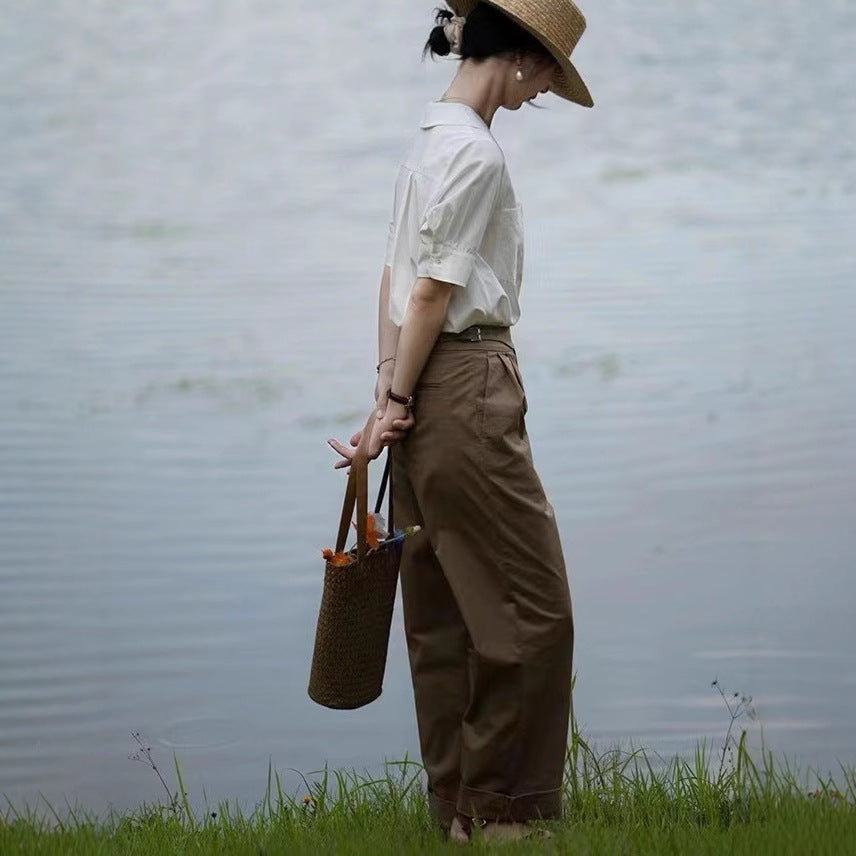 French Chic Design Niche Top Short Sleeve Navy Plain Silk