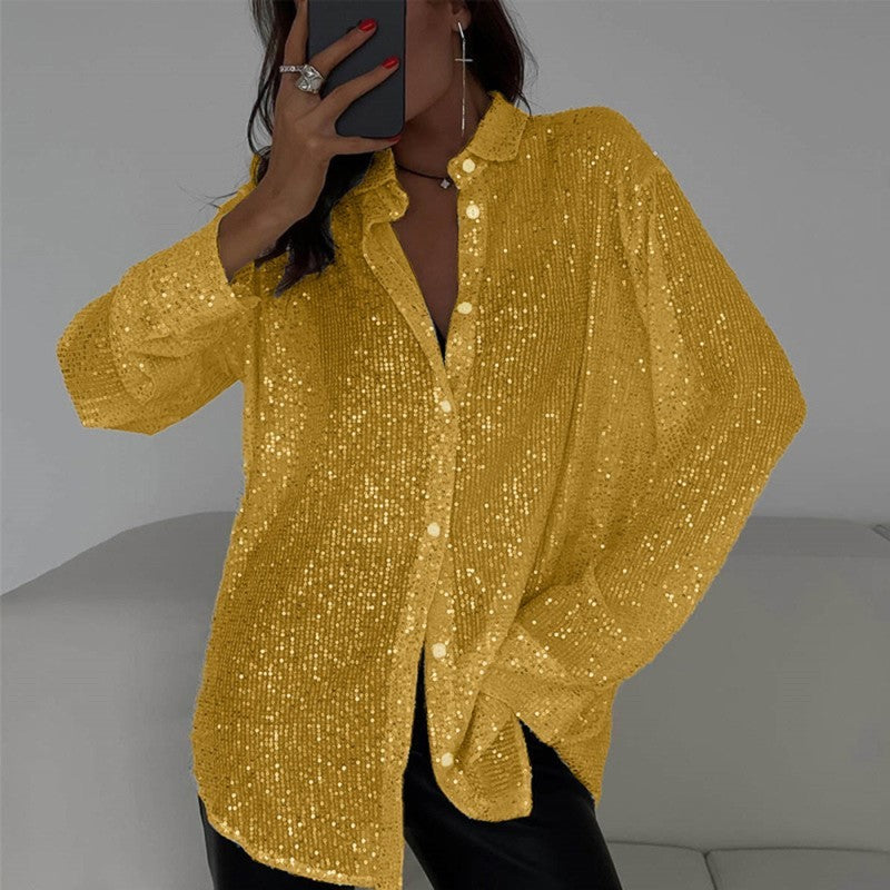 Elegant Women's Sequin Shirt - Stylish Long Sleeve Button-Up Blouse With Glitter Details, Perfect For Party & Casual To Formal Wear
