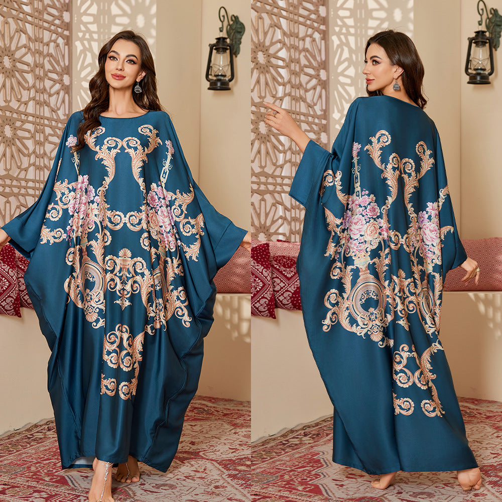 Womens Satin Chiffon SpringSummer Fashionable Printed Pullover Robe Long Nightgown