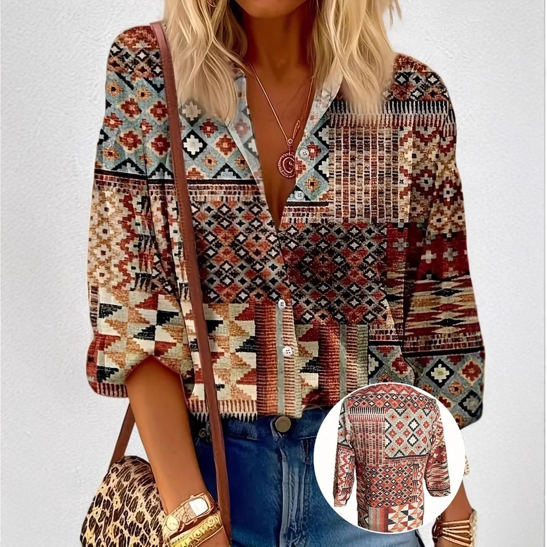 Women's Color Matching Casual Loose Button Digital Printing Shirt