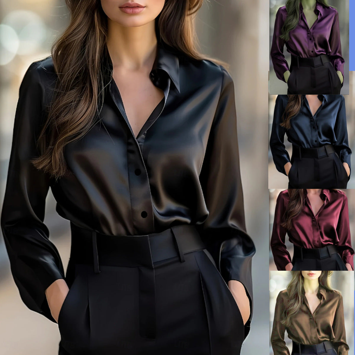 Solid Color Satin Fashion Elegant Long Sleeve Button Shirt Women's Clothing