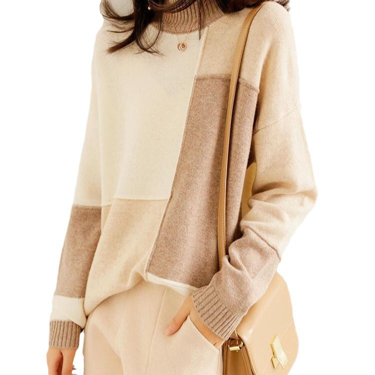 Contrast Color Idle Style Loose Pullover Fashion Commuter Simple Half Turtleneck Korean Style Sweater