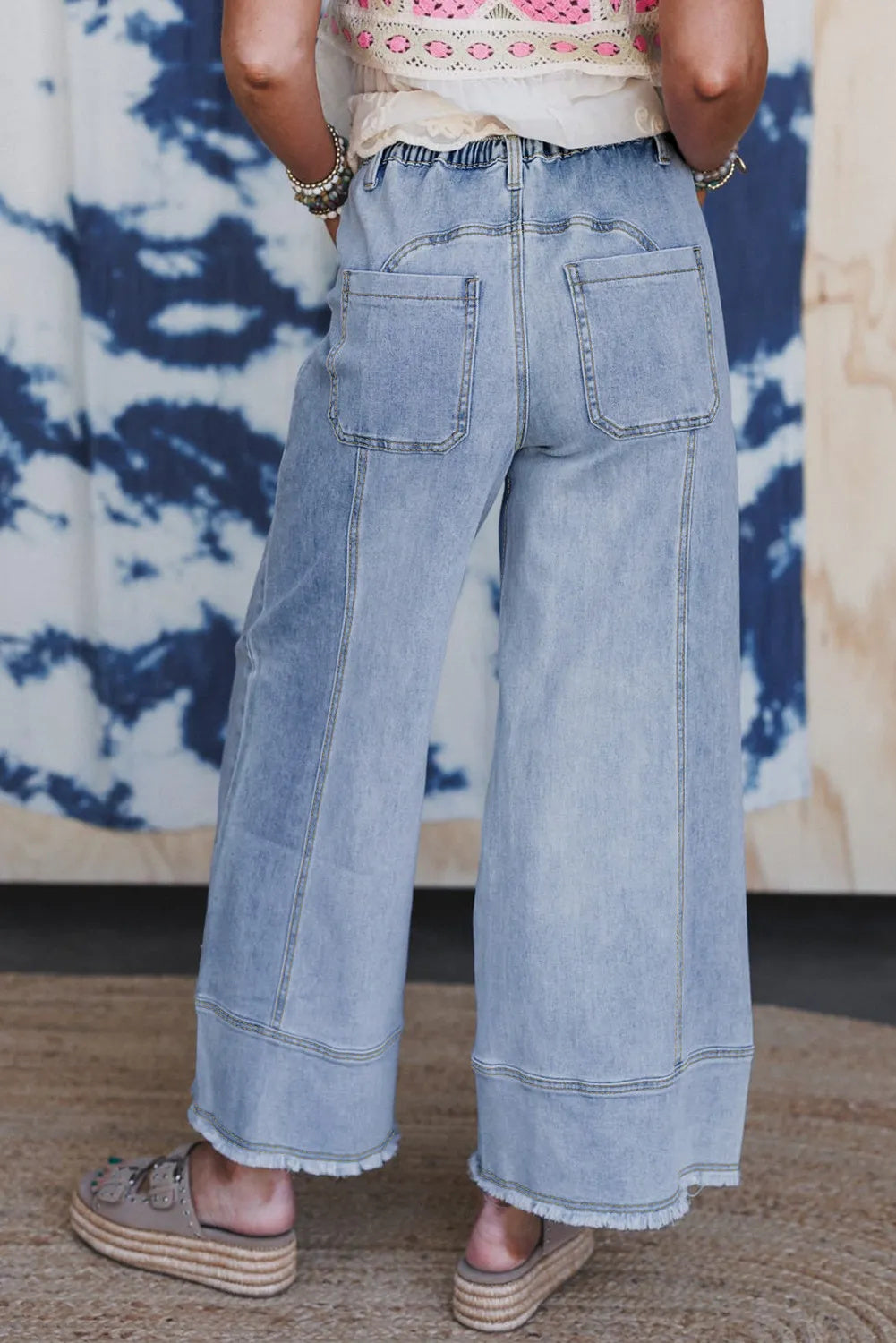 Beau Blue Drawstring Seam Detail Raw Hem Wide Leg Denim Pants