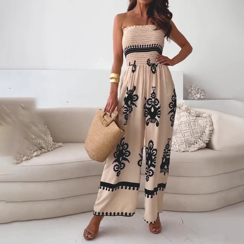 Off-shoulder Tube Top Printed One-piece Trousers