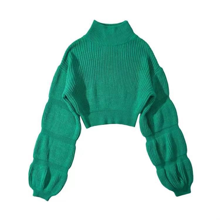 Women's Fashion Loose High Collar Puff Sleeve Knitted Sweater