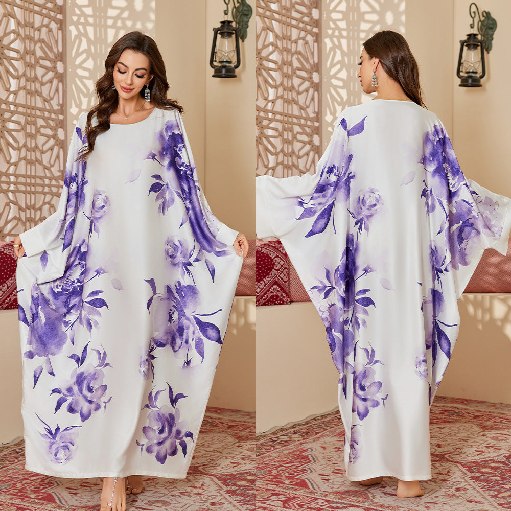 Womens Satin Chiffon SpringSummer Fashionable Printed Pullover Robe Long Nightgown
