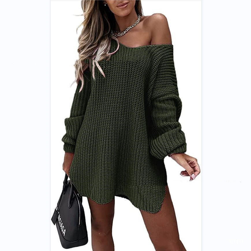 Casual Long Sleeve Loose Off Shoulder V-Neck Knit Women's Sweater