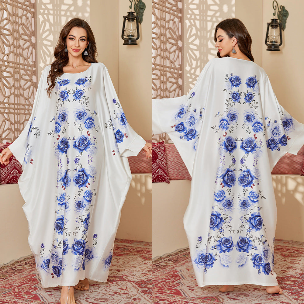 Womens Satin Chiffon SpringSummer Fashionable Printed Pullover Robe Long Nightgown