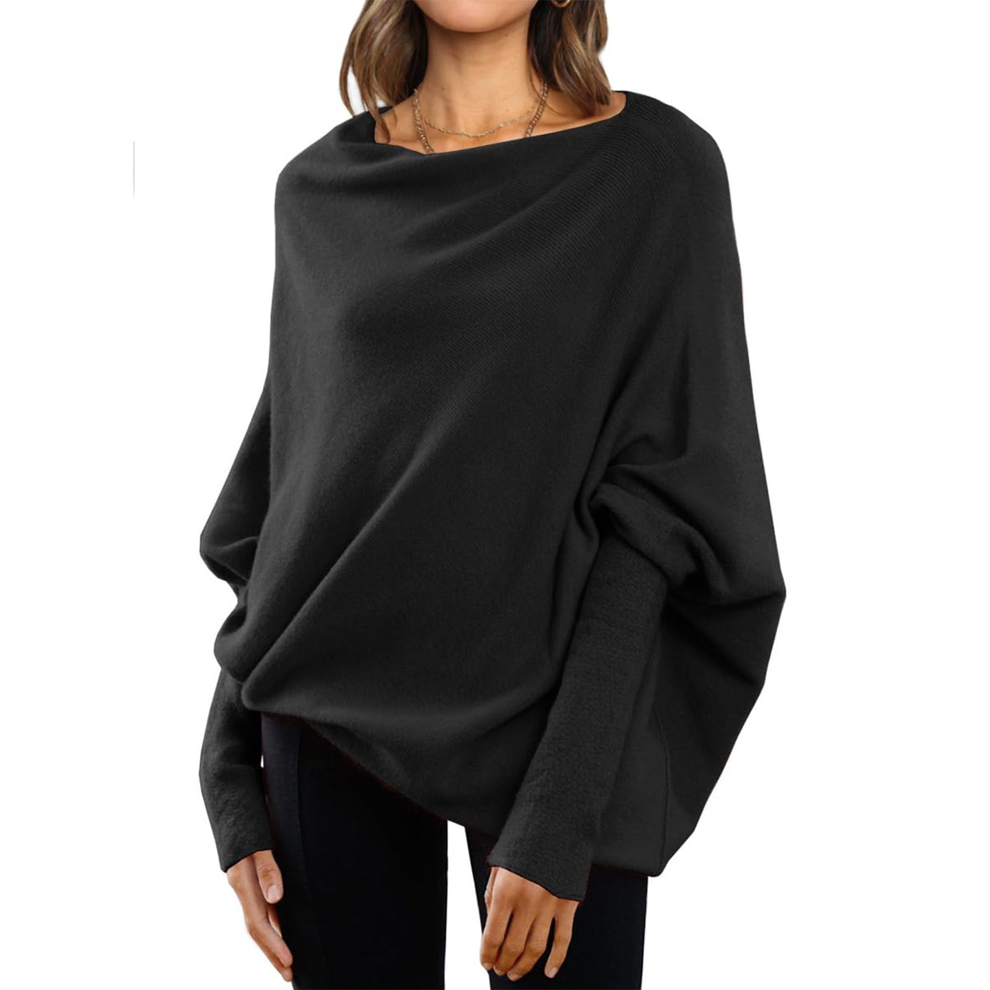 Loose Bat Sleeve Sweater Tops Simple Casual Fashion Versatile Solid Color Round Neck Sweater For Women