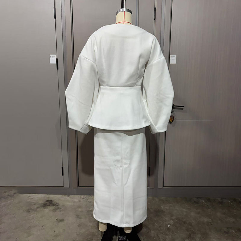 Women's Solid Color 2-Piece Set, Button Bubble Sleeve Jacket & Maxi Skirt, Office To Party Outfit