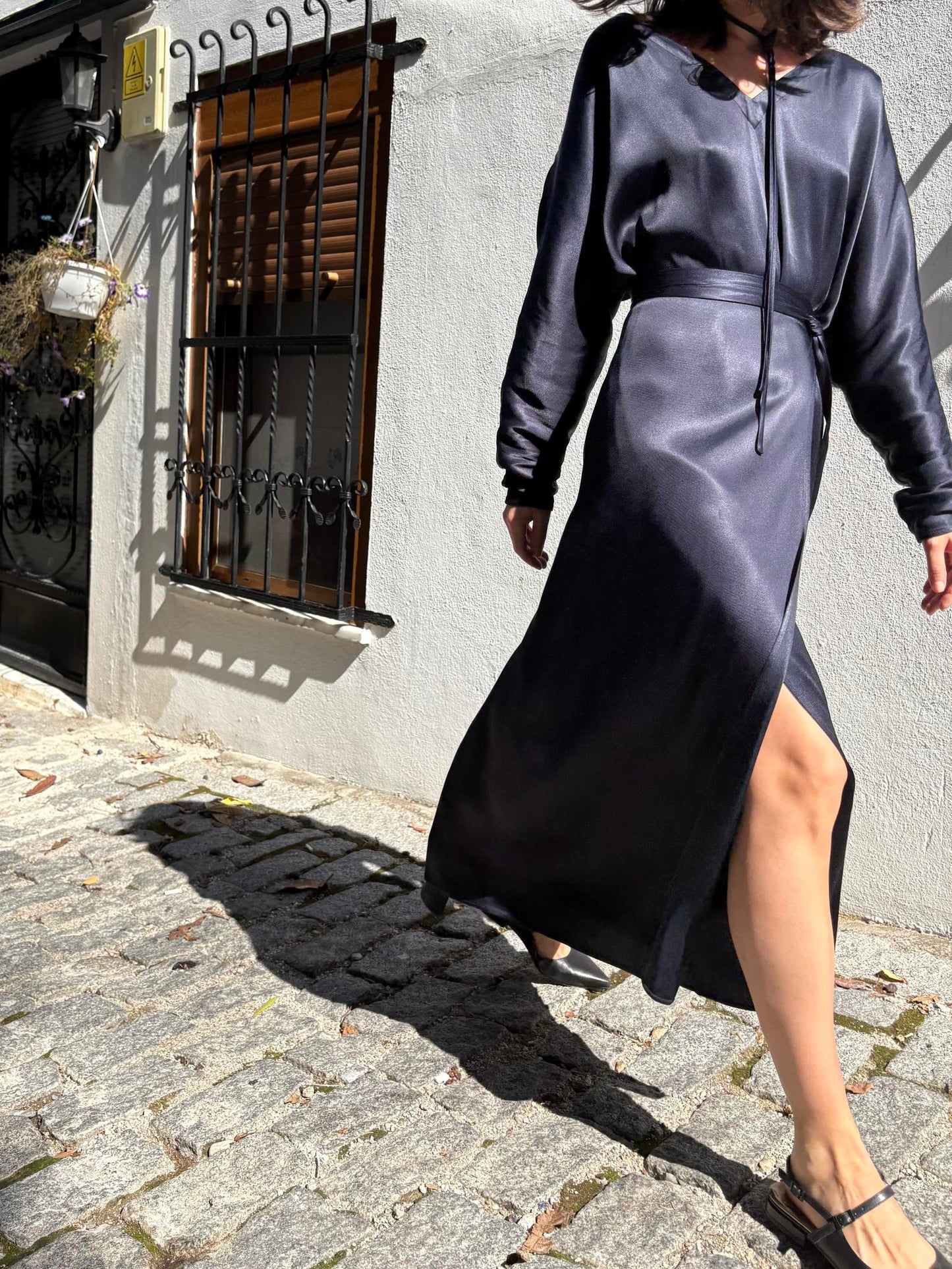 Navy Blue Satin Tie-Waist Slit Long Sleeve Maxi Dress