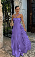 Blue Pleated Halter Maxi Dress