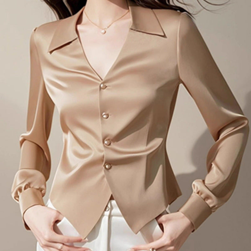 V-neck Long Sleeve Waist Trimming Shirt Women