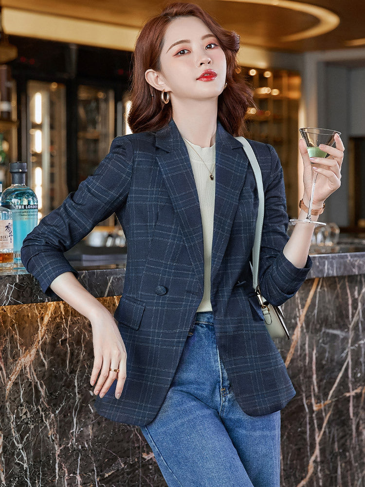 Coffee Plaid Suit Jacket Women Autumn Loose Little Man