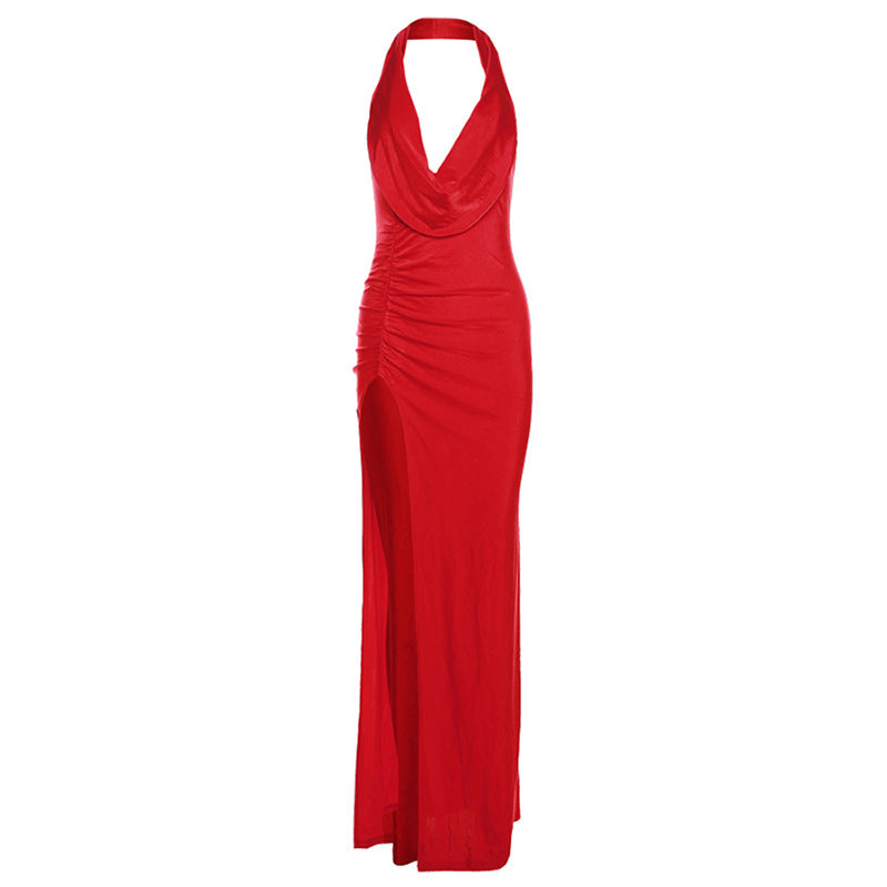 Deep V Halter Backless Temperament Split Sheath Dress