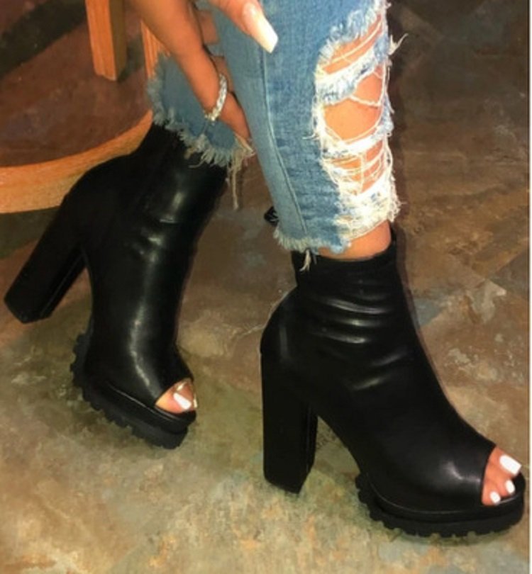 Heels Sandals Open Toes Large Side Zipper Fish Chunky Heel Sandals