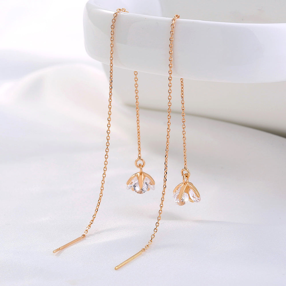 Golden Flower Zircon Long Tassel Earrings