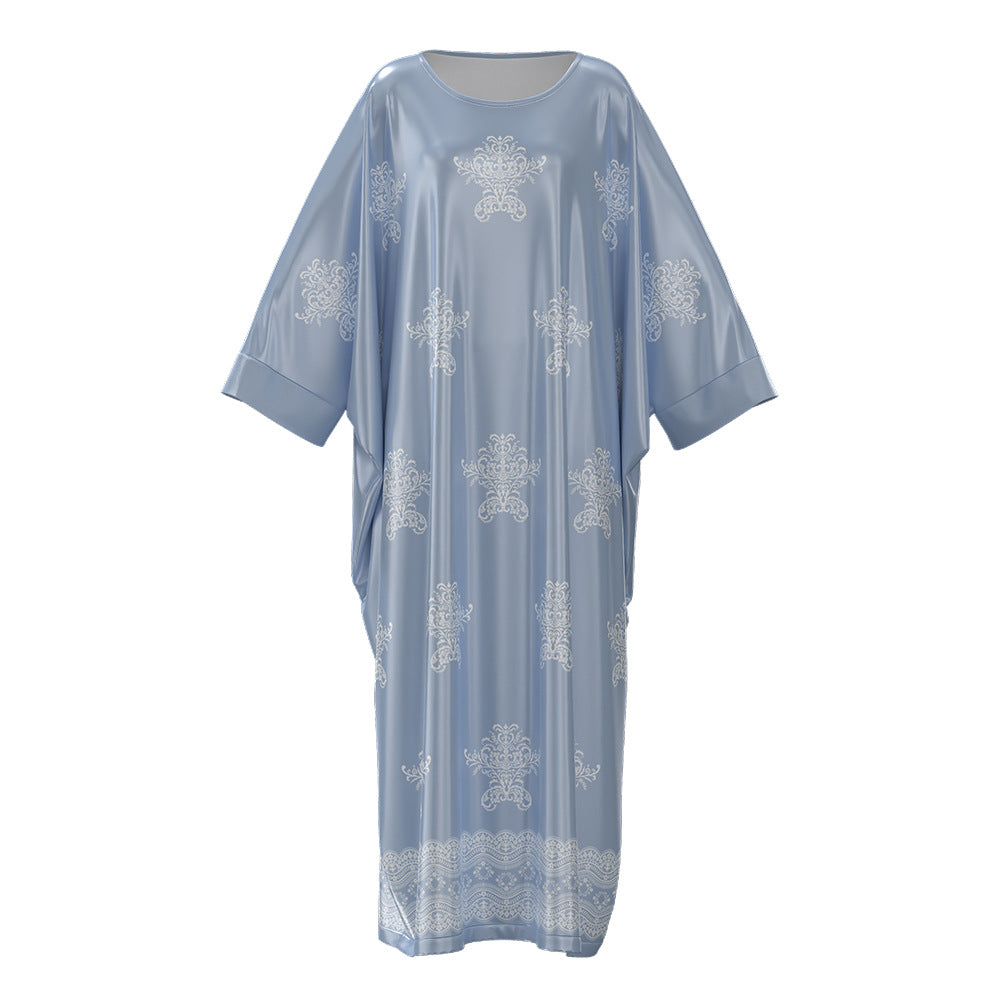 Womens Satin Chiffon SpringSummer Fashionable Printed Pullover Robe Long Nightgown