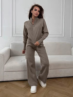 Knit Zip Cardigan Wide Leg Pants Set