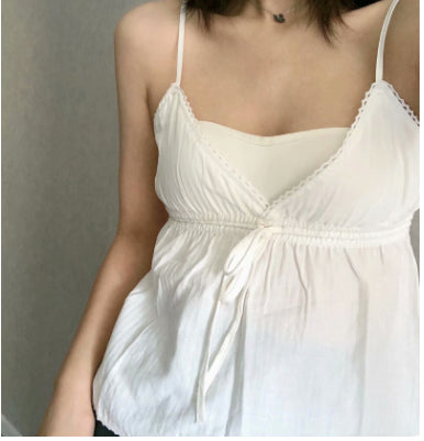 V-neck Lace Trim Tied Spaghetti-strap Women
