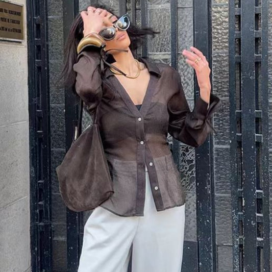 Summer New V-neck Bowknot Decoration Semi-transparent Shirt