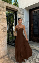 Blue Pleated Halter Maxi Dress