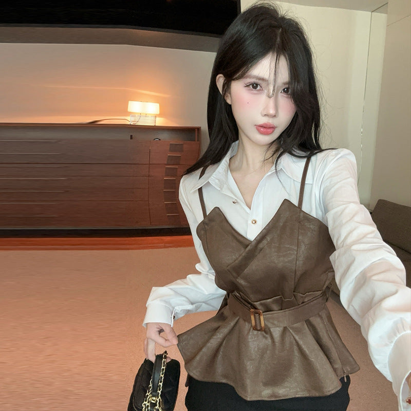 Stitching Leather Waist Trimming Spaghetti Straps Slim Fit Fake Two-piece Shirt