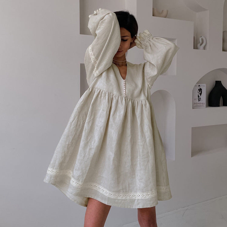 Cotton And Linen French Dress Temperament Commute V-neck Lantern Sleeve Loose Dress